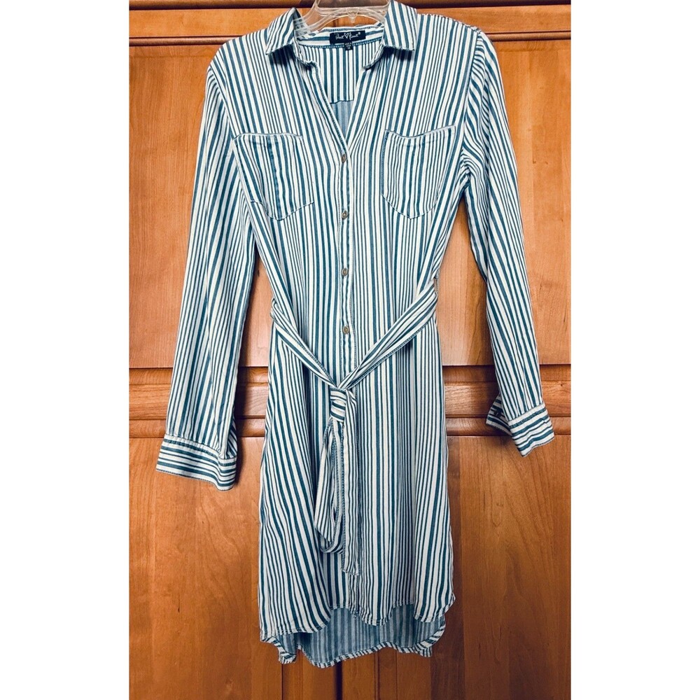 VELVET HEART Shirt Dress Navy Blue + White Stripe Tencel Chambray Medium NEW
